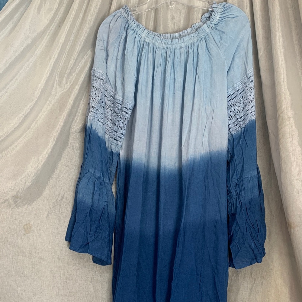Ombre Blue Peasant Tunic with Crochet Sleeves